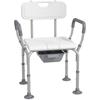 Height Adjustable Shower Stool with Arms and Back, Non-Slip Bedside Commode with Detachable Bucket for Elderly, White