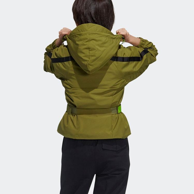 Adidas Striped Print Zip-Up Hooded Jacket With Drawstring Waist Women Outerwear Army-Green GM0699