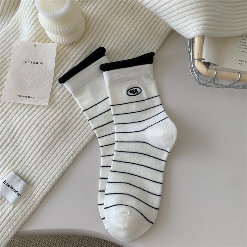 Grey Pure Cotton Mid-calf Socks, Girls  School Style Embroidered Striped Long Calf Socks 1 pair