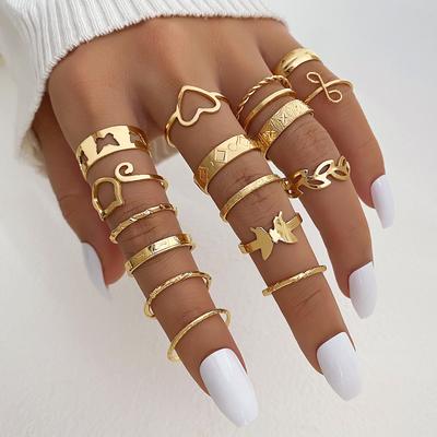 2024 Fashion Leaf Ring Love Butterfly Cat Head Twist Ring 16 Piece Gold Deluxe Cat Ring Open Hand Carved Jewellery Gift Set