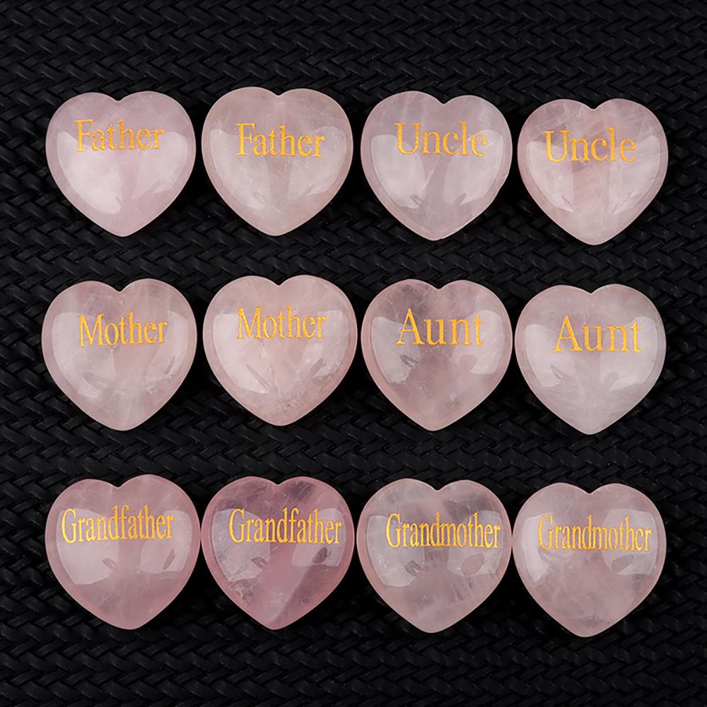 30mm Natural Crystal Rose Quartz Heart Shape Engraved Mother Healing Crystals Palm Stones Ornament Home Decor Family Member Gift