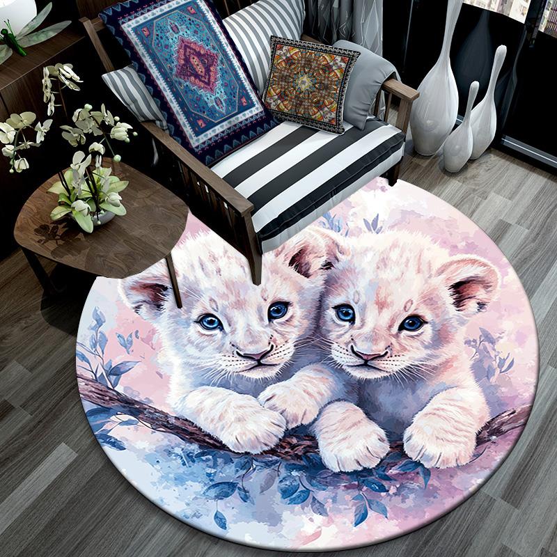 Lion Cubs Round Area Rug,Carpet Rug for Living Room Bedroom Sofa Playroom Decor,Non-slip Floor Mat