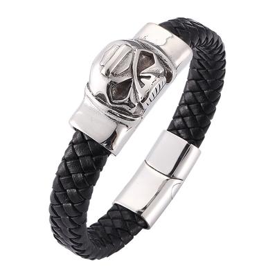 Punk Schmuck Herren Schwarzes Echtes Leder Punk Totenkopf Armbänder Armreifen