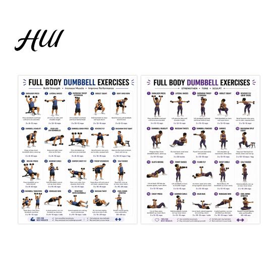 Gráfico Profesional de Entrenamiento con Pesas 2 Piezas Póster de Entrenamiento con Mancuernas, Rutina de Ejercicios de Cuerpo Completo Fitness para Mujeres Arte de Pared, Guía de Fuerza Gimnasio en Casa