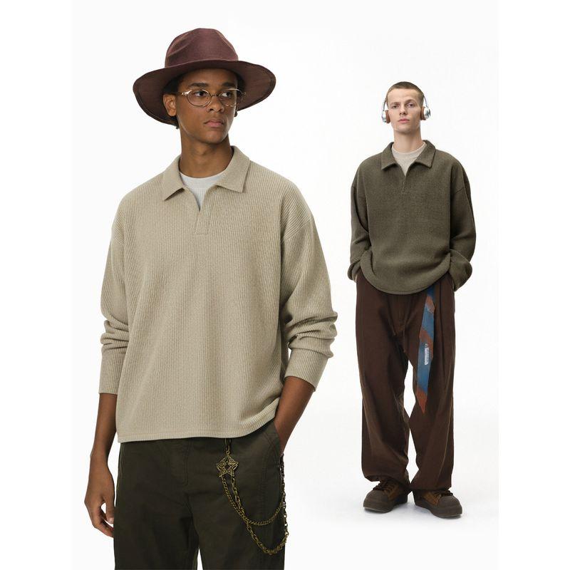 American Retro Old Money Style Two-Piece Spliced Long-Sleeve T-Shirt for Men and Women, 2025 Autumn Trendy Brand Collared Knit Top