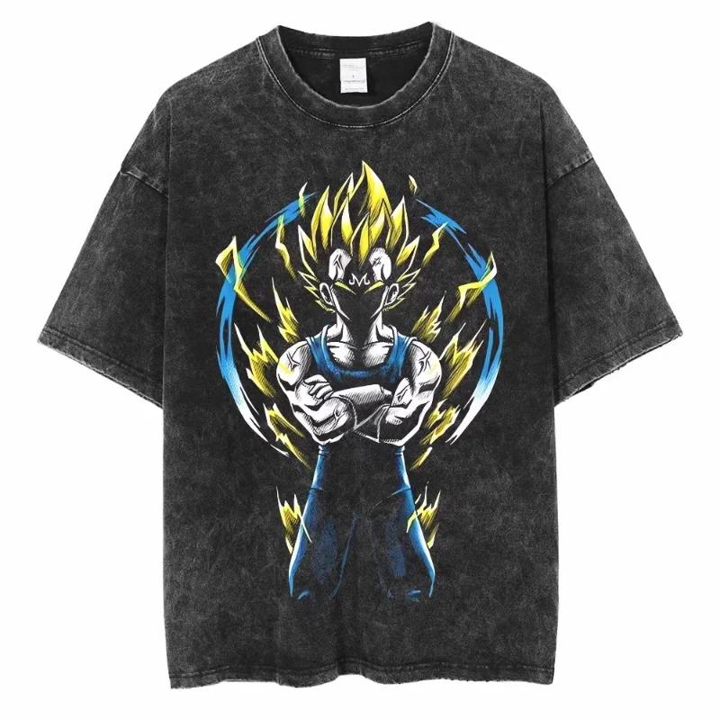 T-shirt Lavata Anime Dragon Ball Vintage Stampa Goku Vegeta Cotone Manica Corta Vestibilità Larga Uomo Donna Abbigliamento Casual Top Estate 2026