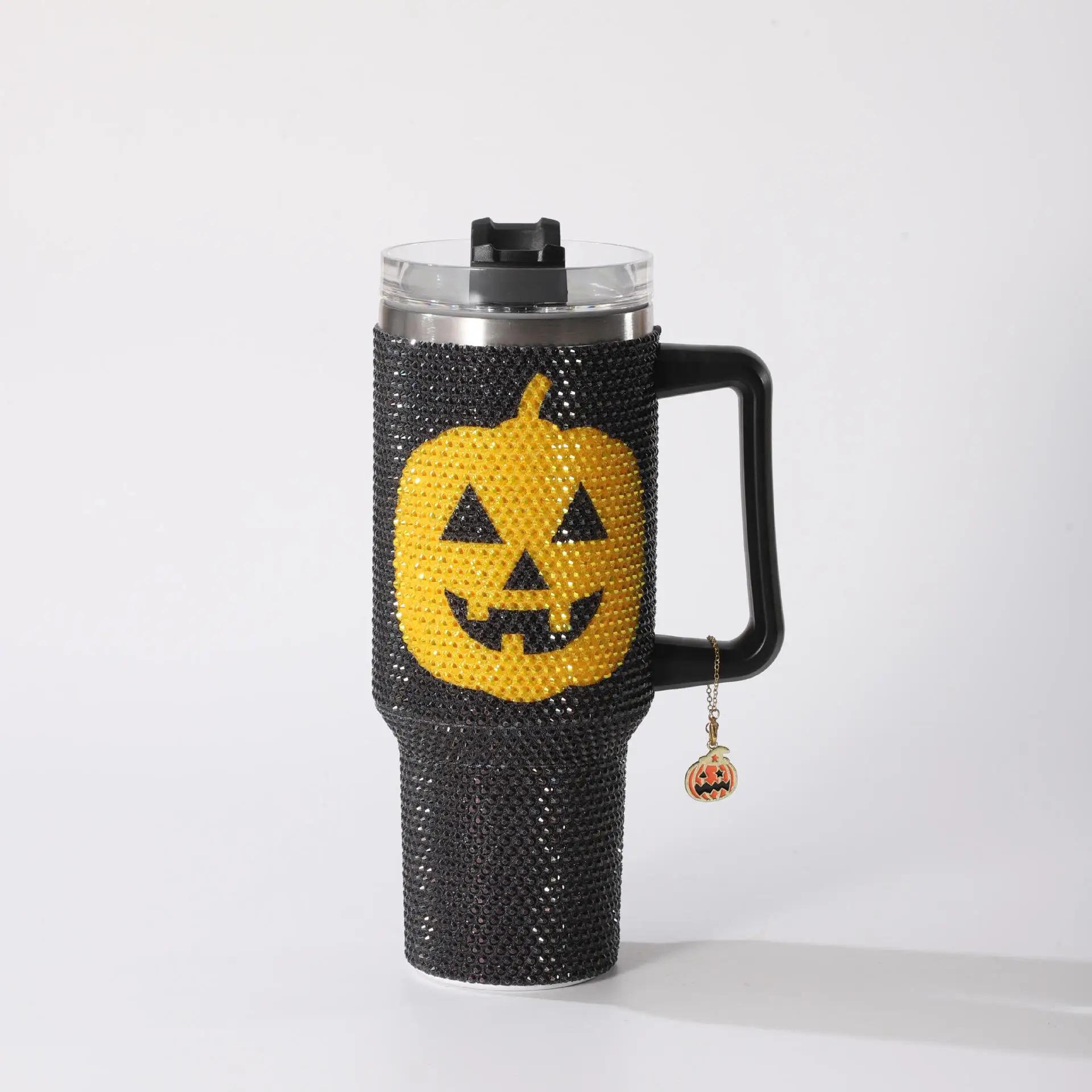 

Stainless Steel Tumbler Car Cooler Cup 40oz Rhinestone Jack O Lantern 1L for Halloween Party Drink Holder for Vehicle 1000ml