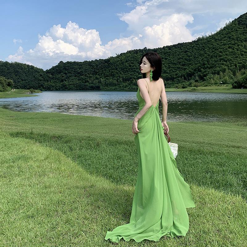 Xinjiang Western Sichuan Grassland Design Sense Green Swinging Collar Micro-transparent Chiffon Suspender Dress Backless Vacation Beautiful Long Dress