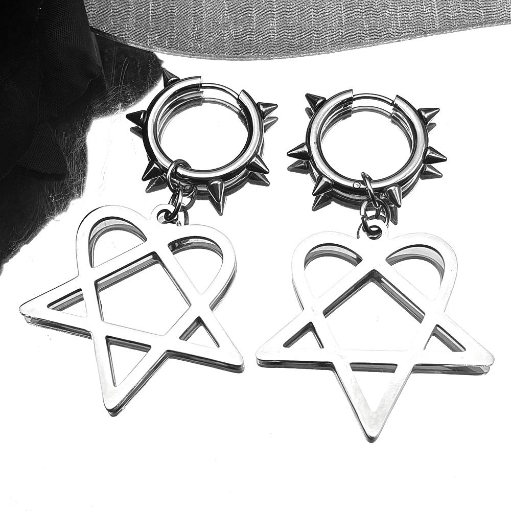Goth Heartagram Star Dangle Hoop Earring Women Stainless Steel Black Color Rock Music Band HIM Fans Earrings Jewelry E2613S03