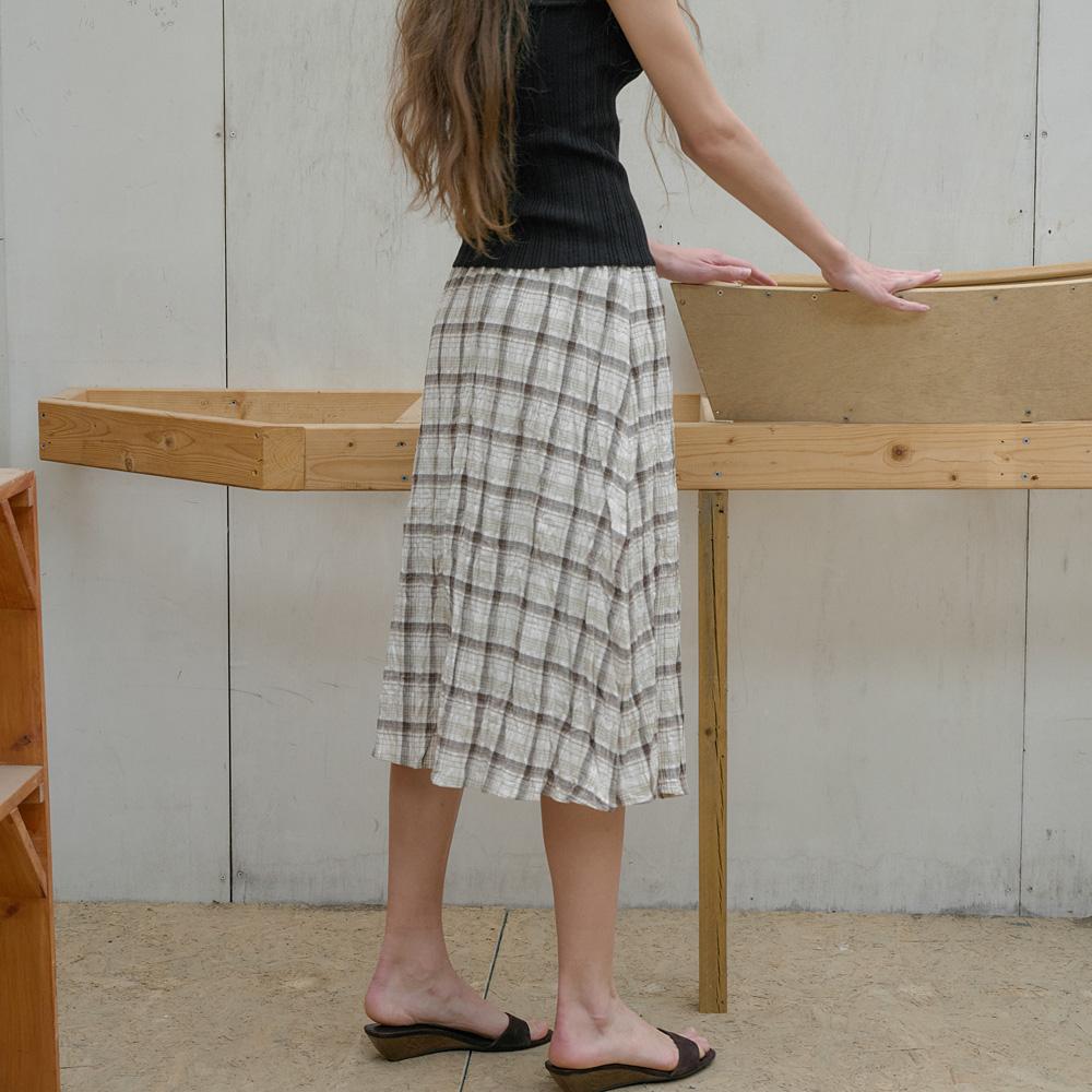 Elssibeui Crinkled Check Midi Skirt_Brown