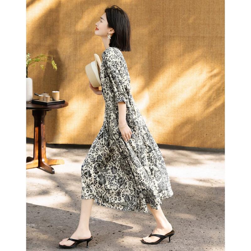 Demana Women s Retro Printed Satin Midi Dress S