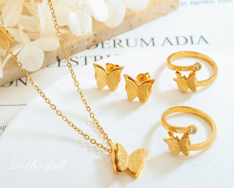 Stylish Frosted Butterfly Jewelry Set - Necklace, Stud Earrings, and Ring