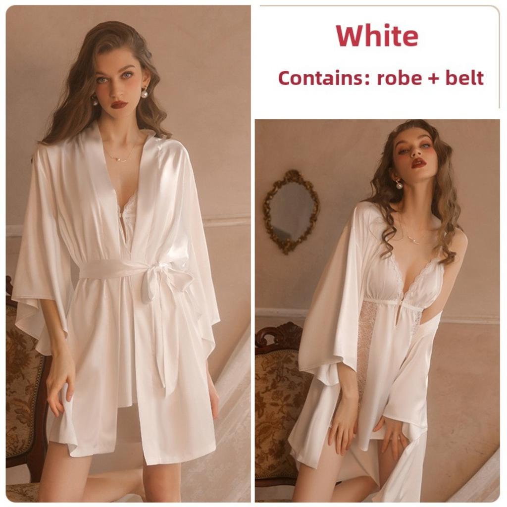Sexy Pure Desire Pajamas Lace Solid Color Suspender Skirt Lace-up Morning Robe Robe Loungewear Set