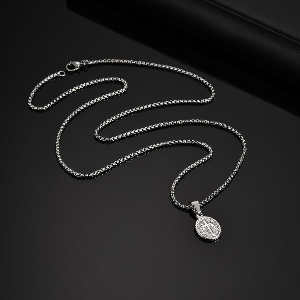 Vnox Oval Cross Charm Necklace for Men, 12.4x17.7mm Stainless Steel Pendant with Box Chain, Religious Faith Prayer Jewelry Gifts