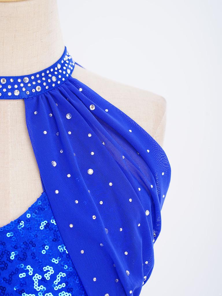 Dziewczęca Sukienka do Tańca Latynoamerykańskiego Bez Rękawów Marszczona Siateczkowa Góra Wycięcie w Talii Paski Błyszczące Frędzle Cyrkonie Płatki Sequins Body