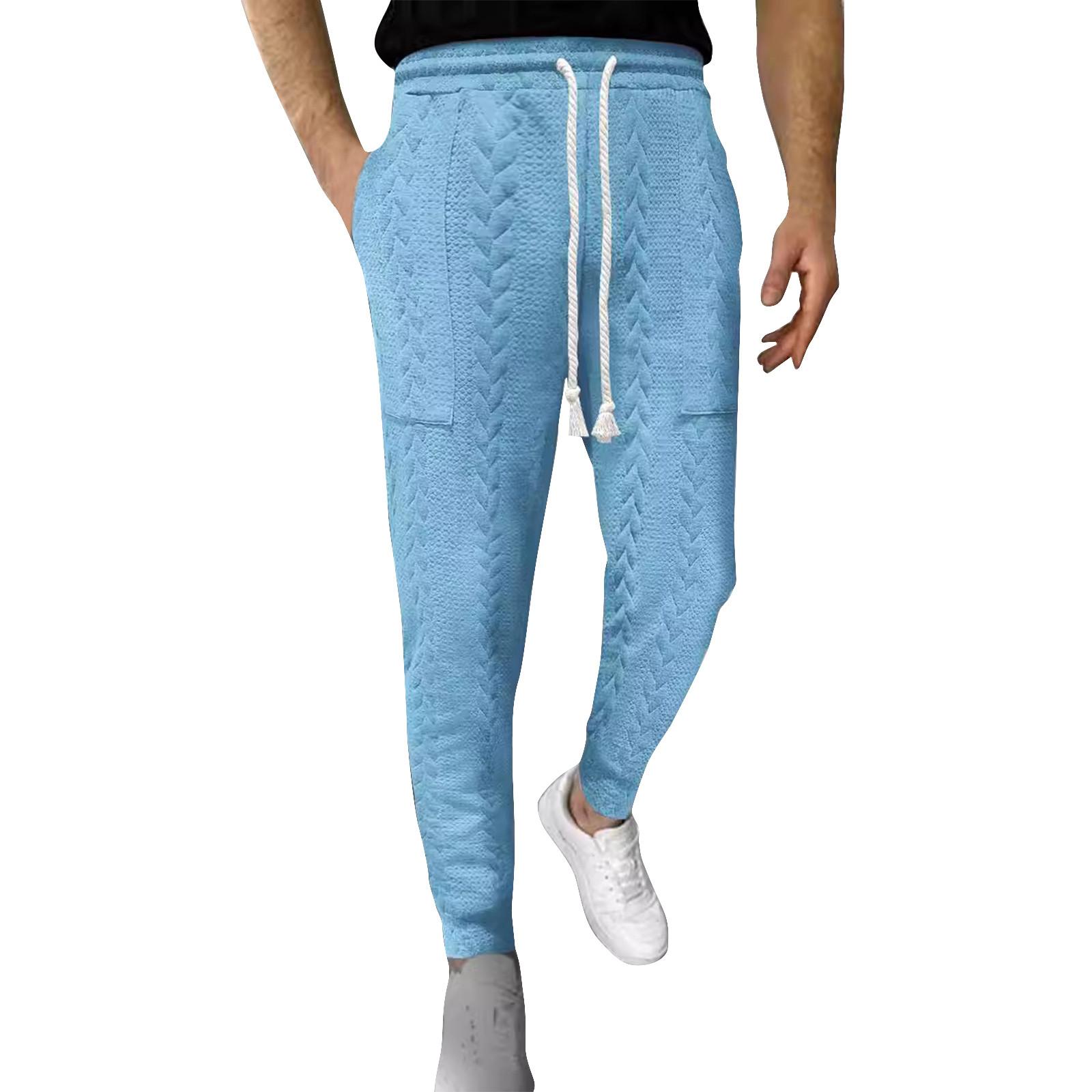 

Мужские повседневные однотонные прямые удобные брюки со шнурком S небесно-голубой