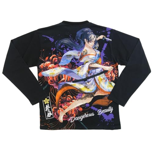 Battou Musume Men's Long Sleeve T-Shirt with Japanese Pattern, 243892 (JP, Alphabet, M, Black)