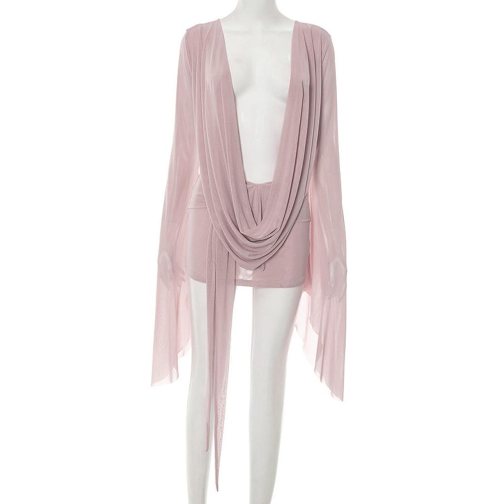 New Women's Mesh Cowl Neck Backless A-line Swing Long Sleeve Dress, European American Casual Party Dress