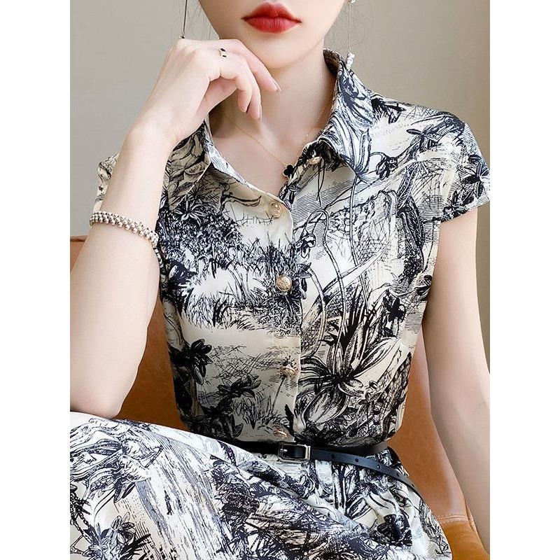 

POLO Collar French Top Short-sleeved Dress for Women Ink Flower Slim Fit and Large Hem Skirt Acetate Silk Midi Skirt XL білий