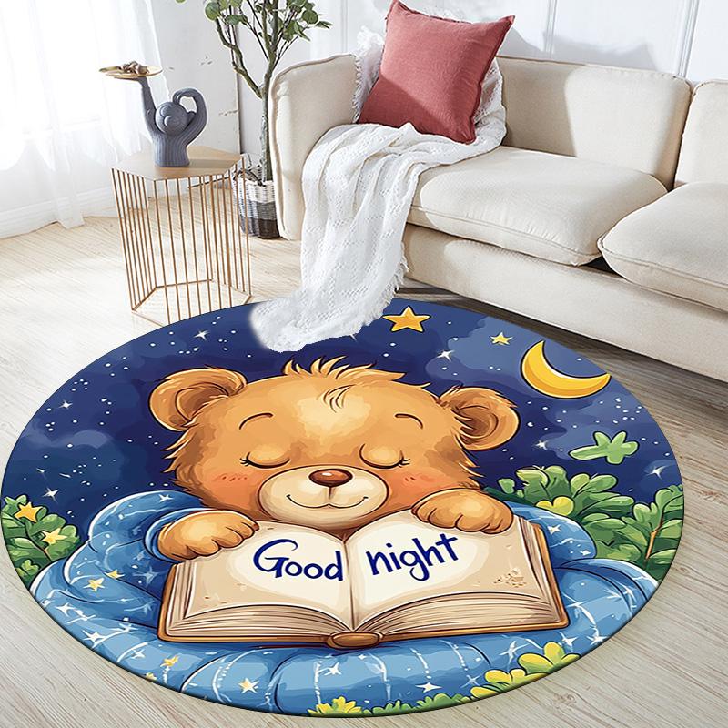Teddy Bear Reading Book Round Area Rug,Carpet Rug for Living Room Bedroom Sofa Playroom Decor,Non-slip Floor Mat