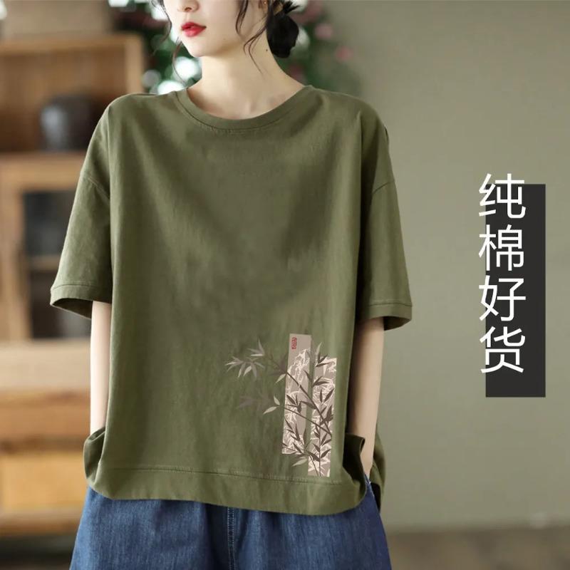 Fashionable Short-sleeved T-shirt for Women Loose Artistic and Versatile 2025 Printed Retro New Style Comfortable Pullover