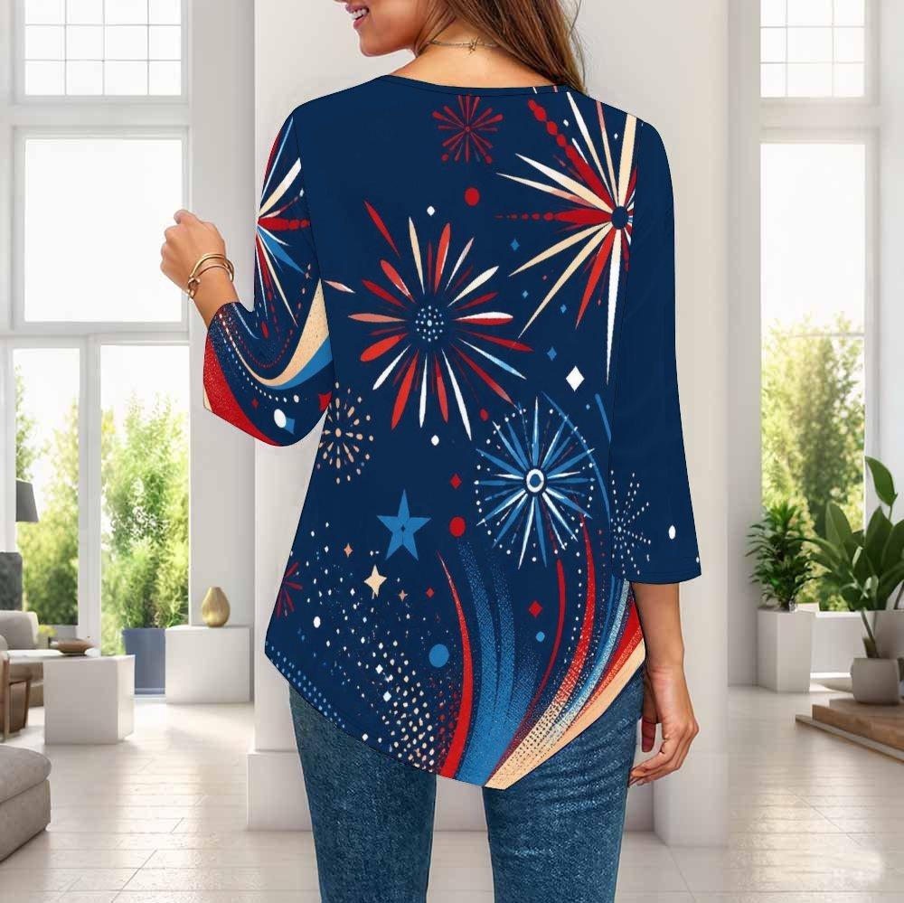 Womens Plus Size Loose Three Quarter Sleeve Blouse Pointed Hem Stylish Casual Top For Ladies Daily Outfit