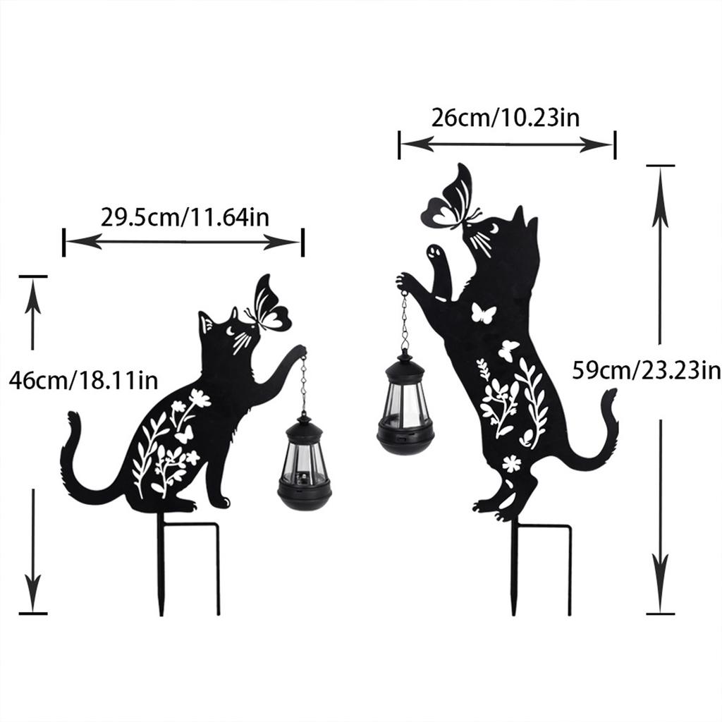 2pcs Solar Cat Silhouette Garden Stakes Black Metal Hollow Kitty Yard Decor Lights