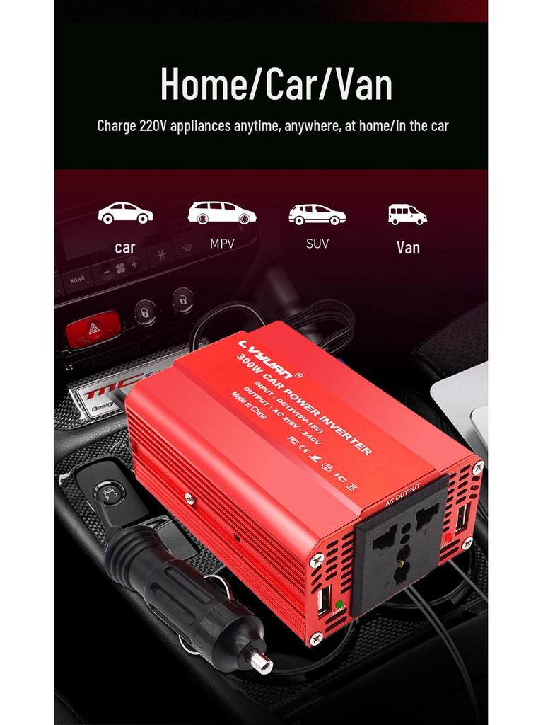 12V To 110V/220V Car Inverter with Dual USB & Cigarette Lighter Plug, 300W