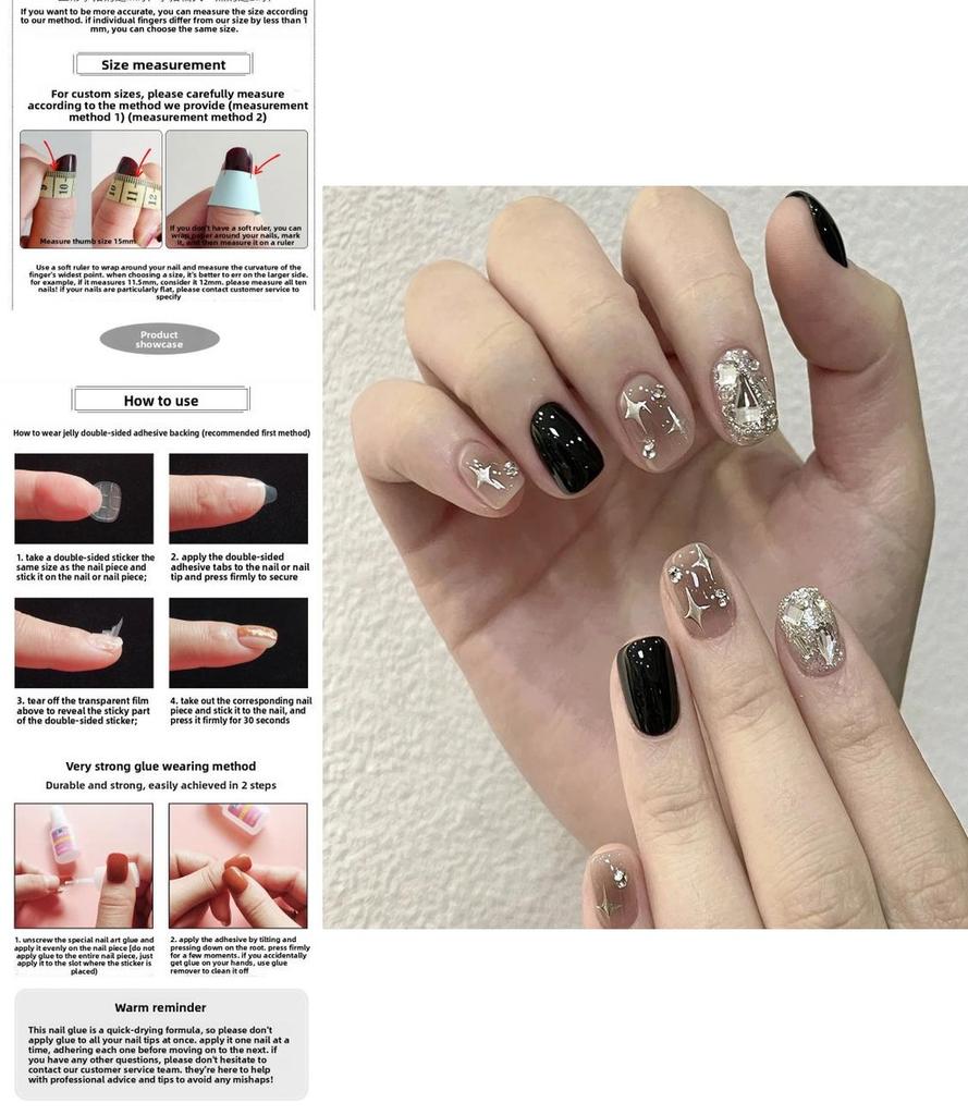 Short Fake Nail Decals With Black Sparkling Water Diamoans And Star Motifs For Cute And Trendy Nail Looks