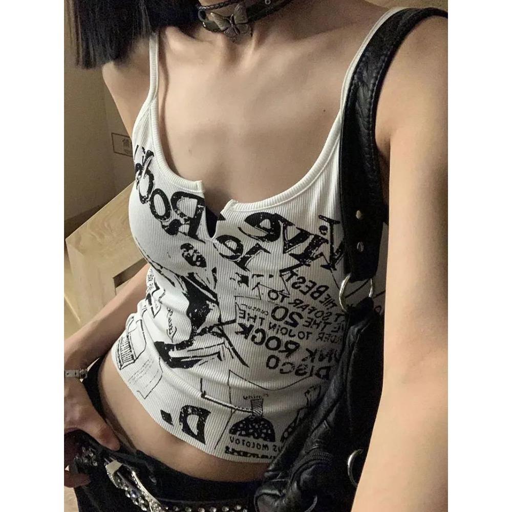 Y2K E-Girl панк-принт без рукавов ребристый трикотажный топ для женщин 2000-х укороченный топ летняя фея гранж 90-х хиппи футболка корейская мода S