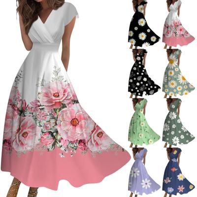 Damen Sommerkleid, lang, lässig, kurzärmlig, V-Ausschnitt, Tailleneinzug, bedruckt