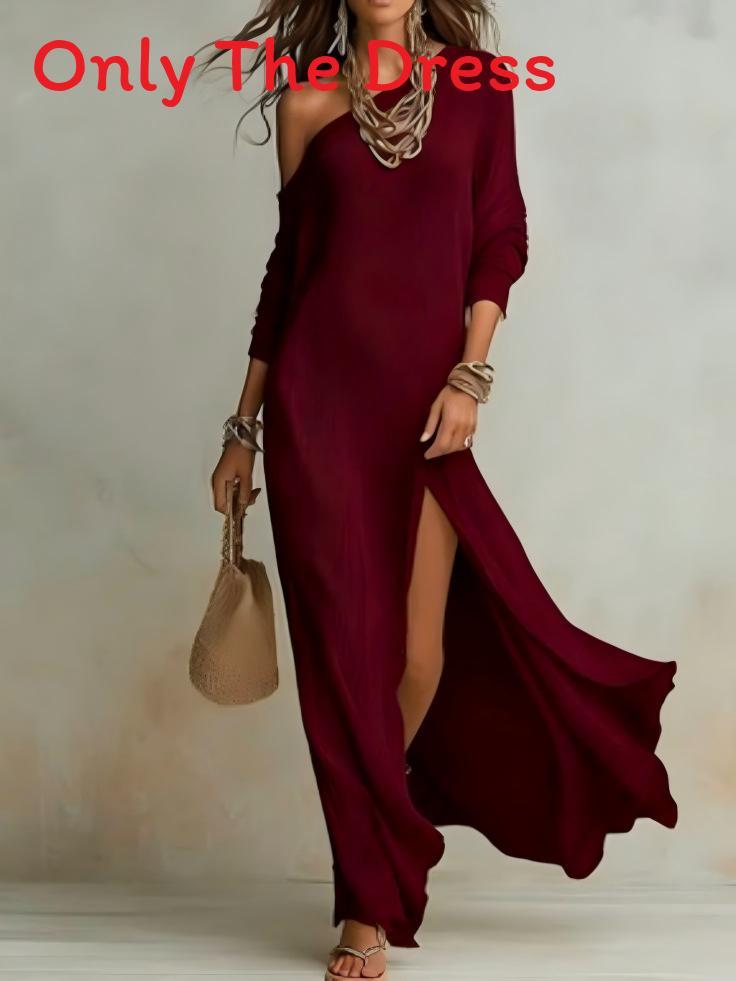 Elegant Long Sleeve Pleated Dress With Slit For Casual And Business Wear