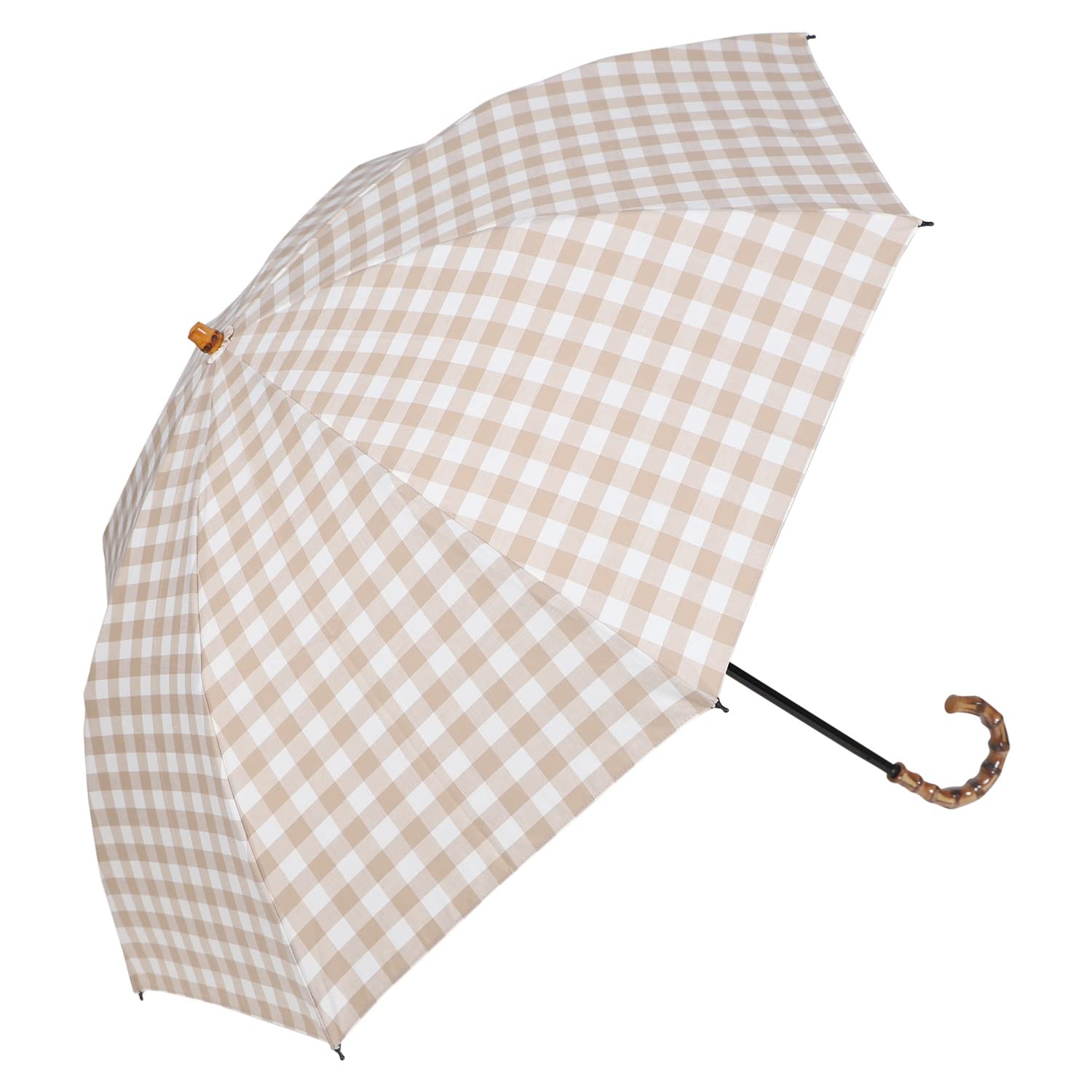 

WAKAO 8279 Folding Bamboo Handle Gingham Check Lightweight Folding Umbrella for Sun and Beige Rain, бежевый