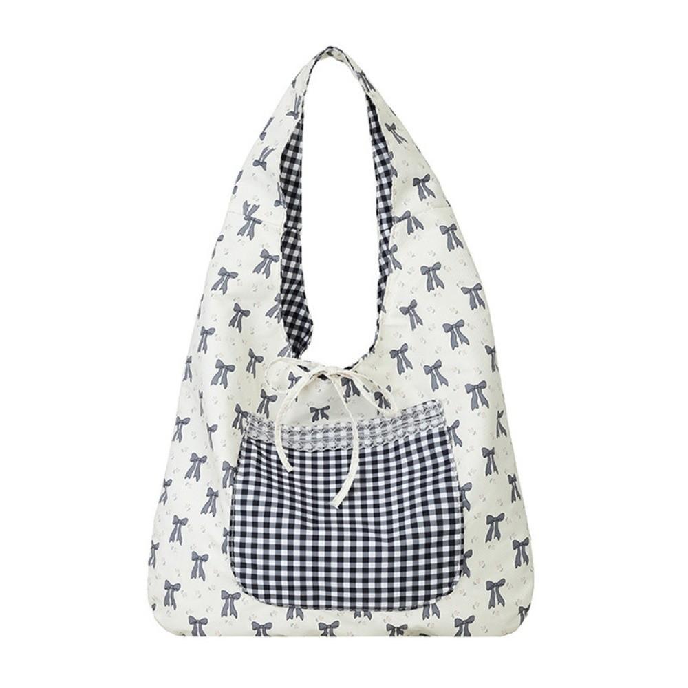 Sweet Plaid Nylon Vest Pouch Lace Decoration Tote Bag Simple Women Bow Printed Handbag  Storage