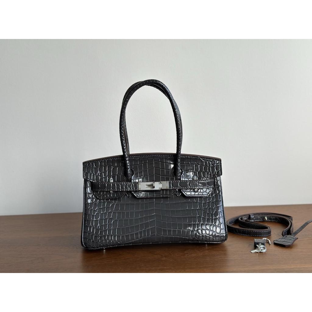 Popular Crocodile Pattern Horizontal Plate Platinum 30cm Genuine Leather Women's Bag, European and American Fashion Cowhide Large Bag, Commuter
