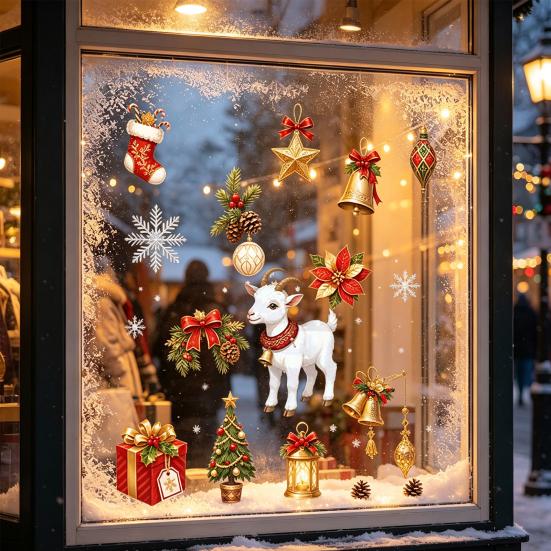 Christmas Window Clings Lamb Static Glass Stickers, Reusable PVC Cling, Holiday Tree Wall Decor Decals with Bells Snowflakes And Gifts for Festive