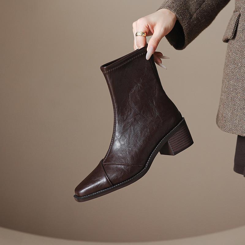 Square Heel Middle Heel Back Zipper Temperament Black Short Boots Women's French Versatile Commuter Naked Boots British Martin Boots