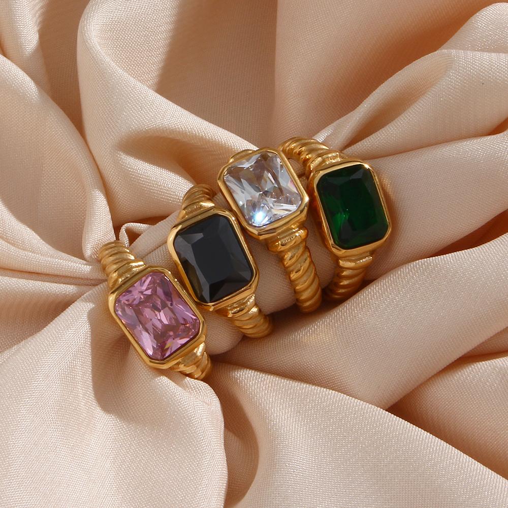 E.B.belle Christmas Jewelry Luxury Texture Engraved Side Rectangle 3A Zircon Stone Rings For Women Stainless Steel Gold Gem Ring