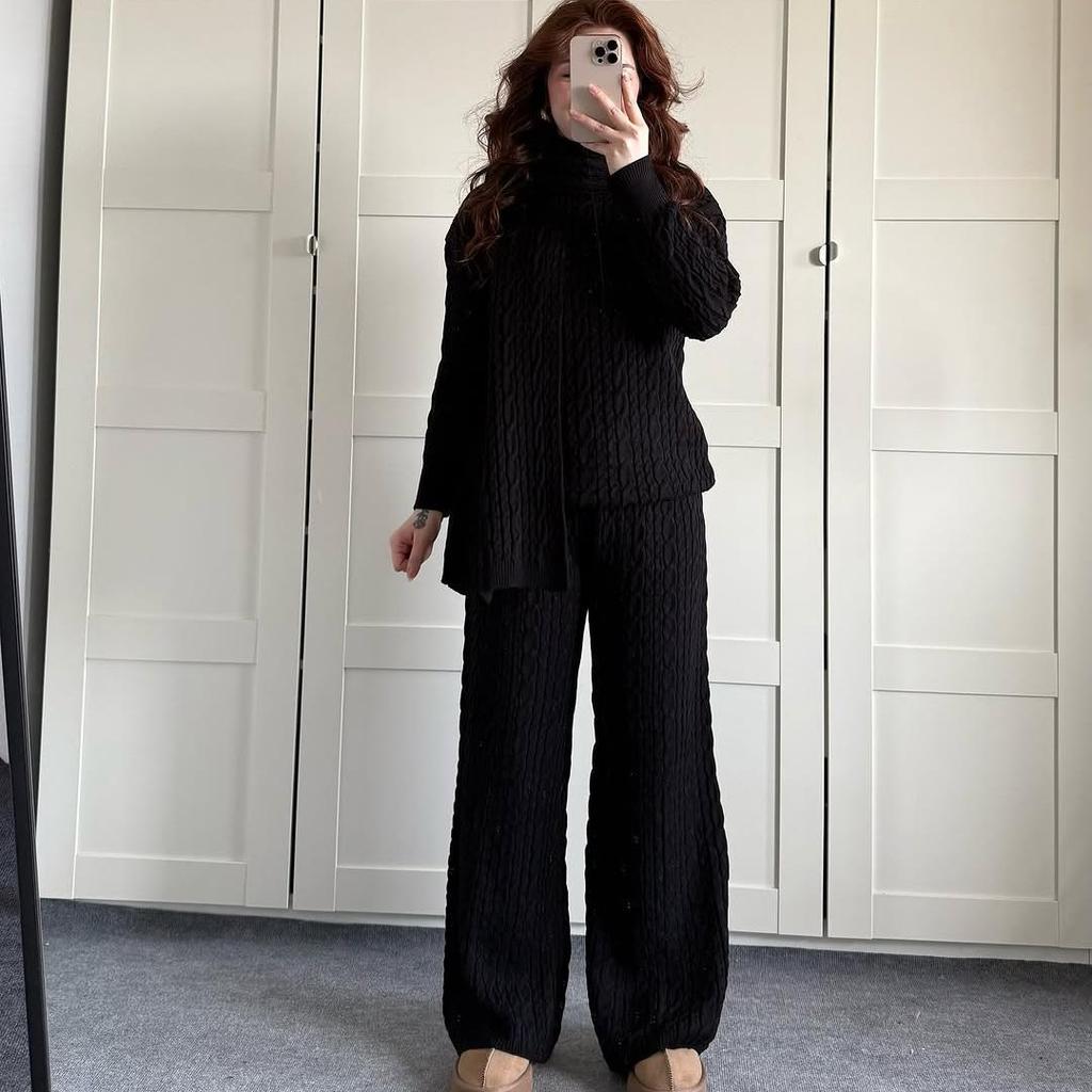 2025 Autumn/Winter High Neck Cozy Scarf-Top Sweater and Long Pants Set