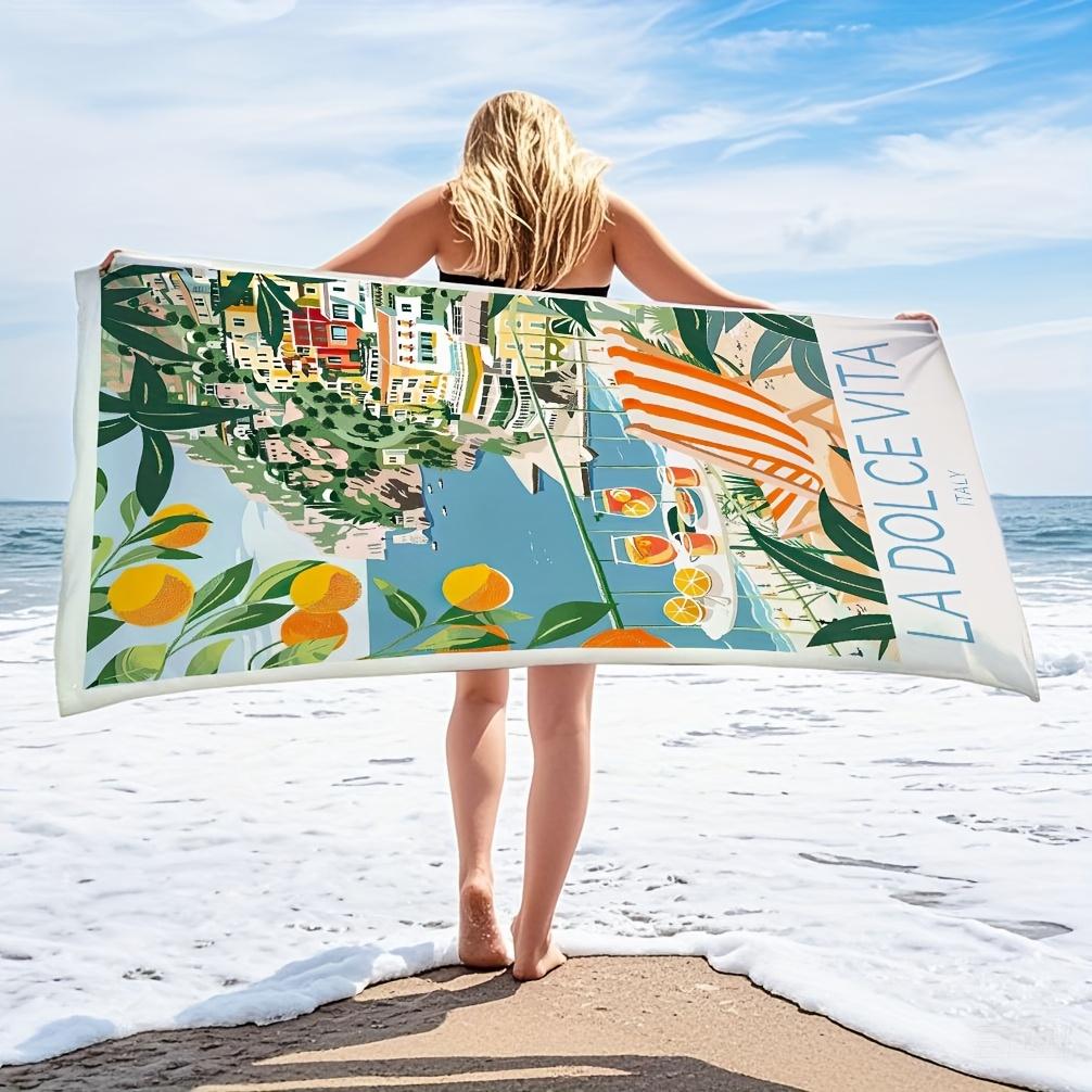 La Dolce Vita Italy Vintage Spritz Beach Towel - Ultra-Soft Microfiber, Quick-Dry, Coastal Scene With Oranges & Chairs