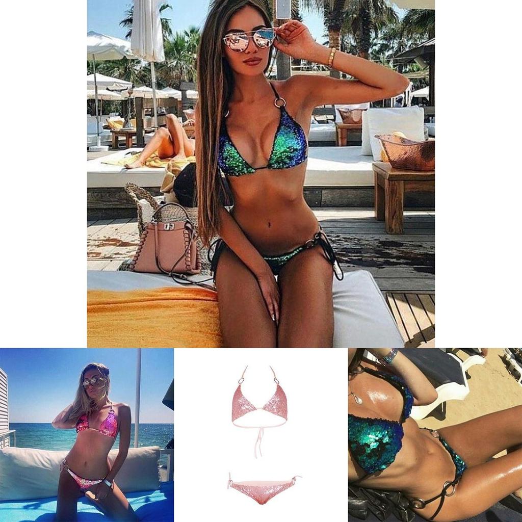 Sexy Glitter Halter Bikini Set With Sequins And Low Waist Design For Women