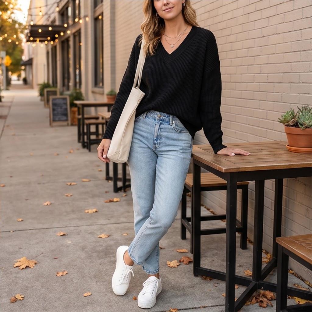 Women's Loose Fit V-Neck Knit Sweater Casual Versatile Top for Everyday Wear