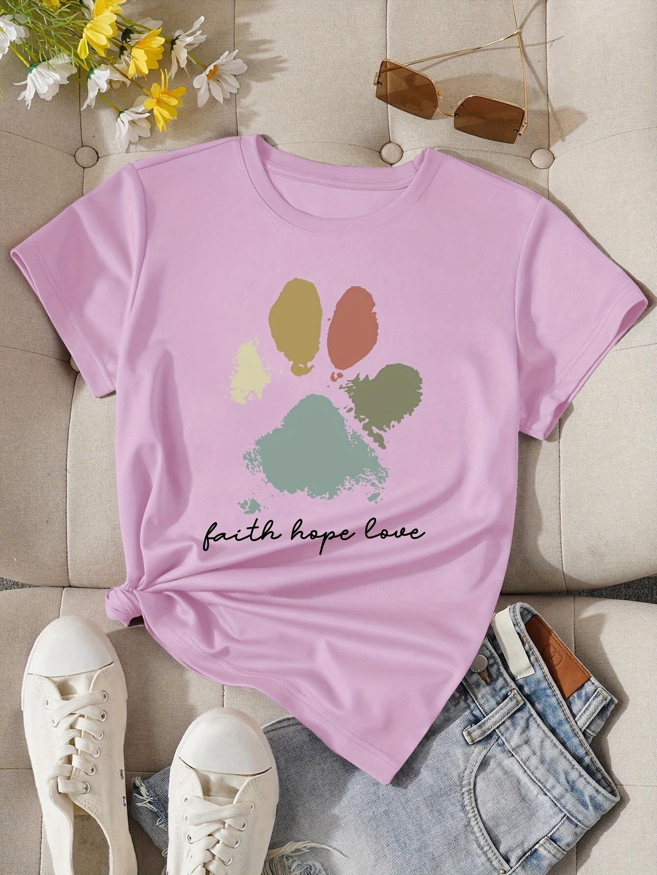

2026 Summer Faith Hope Love Paw Print Womens Tee Boho Pet Graphic Casual Dog Lover Top S