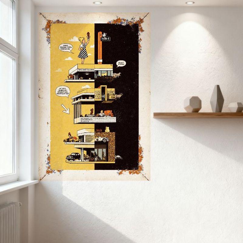 Vintage Comic Panel Retro Multi-Level Building Tin Sign, Woman & Dog Humorous Speech Bubbles Metal Poster for Bar Home Wall Deco