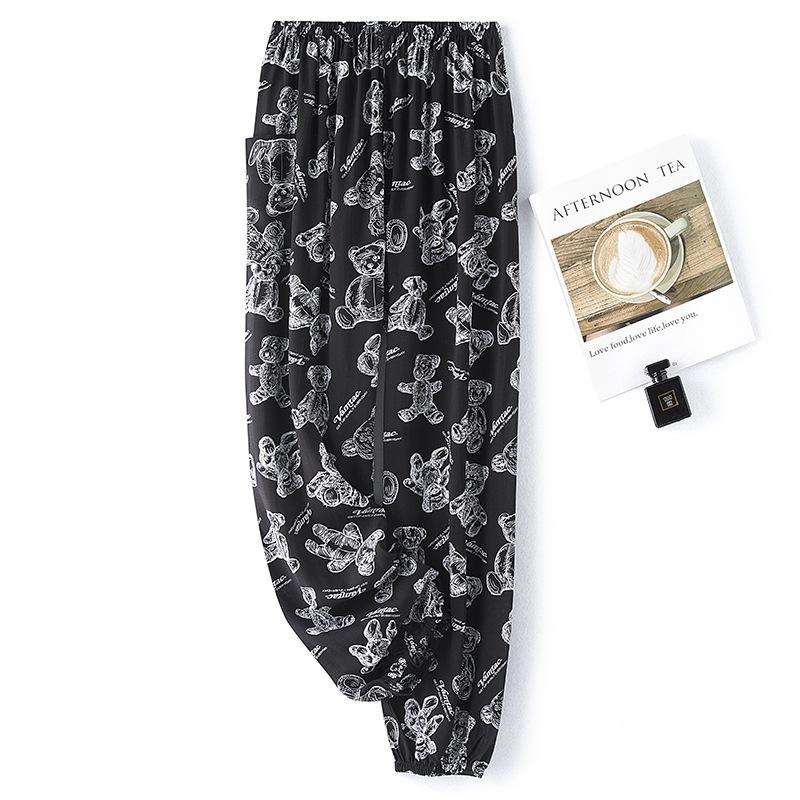 Pantaloni de pijama din bumbac mătase pentru femei, secțiune subțire de vară, anti-țânțari, pantaloni cu picior lat, culoare uni, pentru exterior, casă, petrecere a timpului liber, imprimeu, pantaloni de plajă până la genunchi