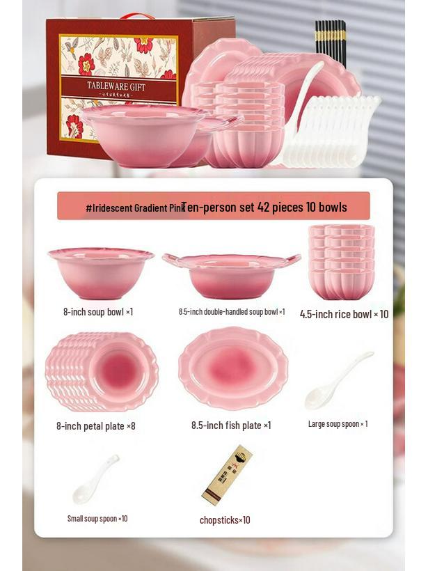 Kangmo Petal Ceramic Dinnerware Set - Gradient Pink (42-Piece, 10-Person)