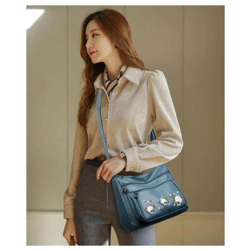Fashion PU Leather Luxury Multi-pocket Handbags High Quality Women's Bag Flower Embroidery Design Ladies Crossbody Shoulder Bags