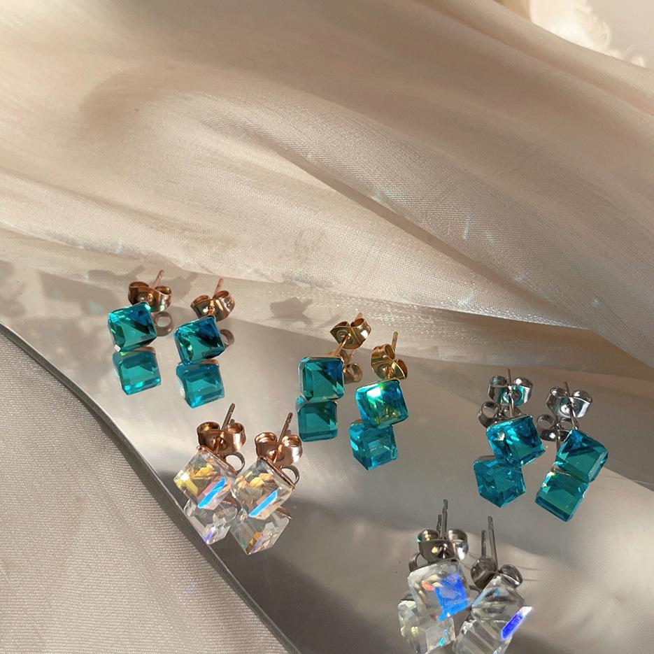 Shiny Color Crystal Small Square Bead Earrings Sea Blue Sugar Cube Titanium Steel Earrings Earrings Light Luxury