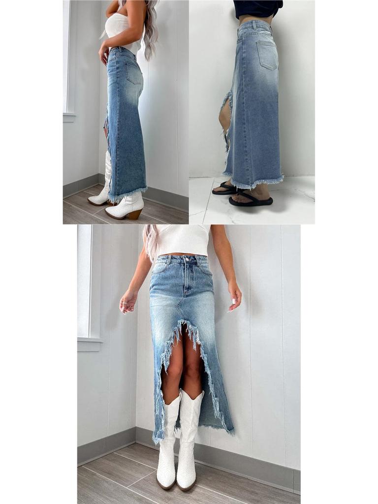 High-Waisted Irregular Frayed Denim Midi Skirt - Women's Vintage Washed Skirt