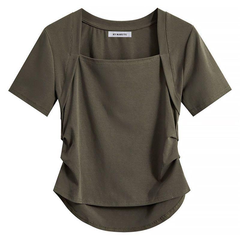 Kurzärmliges T-Shirt aus Fischgrätenbaumwolle mit quadratischem Kragen für Damen, plissiert, unregelmäßiges Design, Schulter